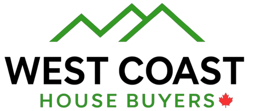 Logo of West Coast House Buyers with green mountains and a red maple leaf on a white background